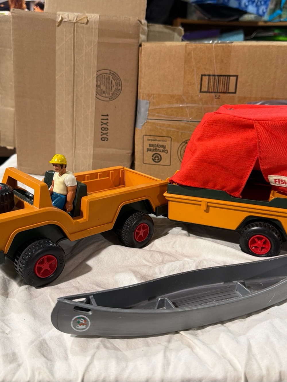 Vintage Fisher-Price Orange Adventure People Safari Truck, Trailer, Tent, Canoe